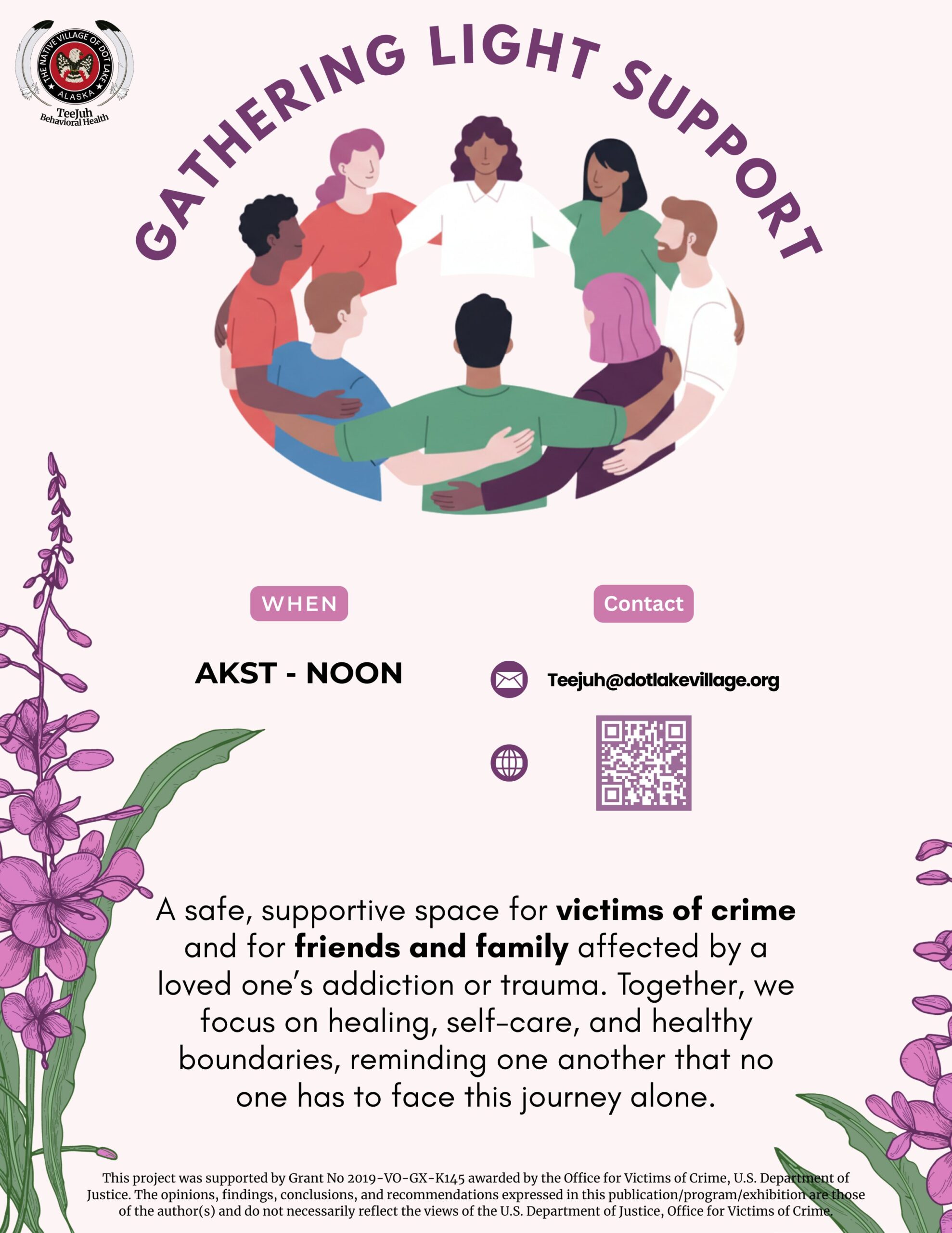 Gathering Light Support: A safe, supportive space for victims of crime and for friends and family affected by a loved one's addiction or trauma. Together we focus on healing, self-care and healthy boundaries, reminding one another that no one has to face this journey alone.