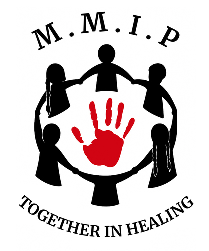 MMIP Peer to Peer Flyer/FB graphic graphic depicting a group of people in black, holding hands in a circle, around a red handprint.