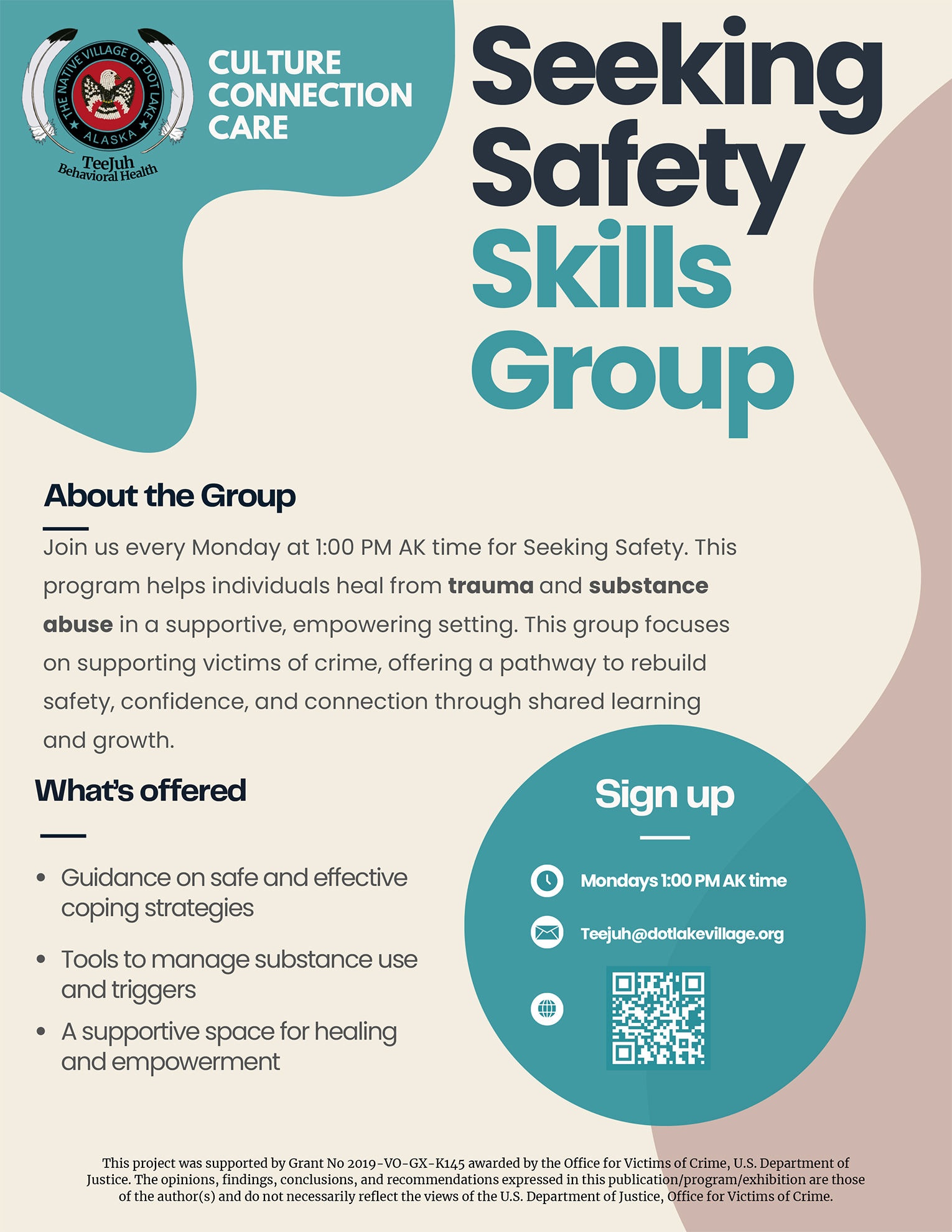 Flyer outlining the details of the Seeking Safety group